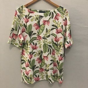 NWT Karen Scott Ivory Tropical Floral Tee Sz L
